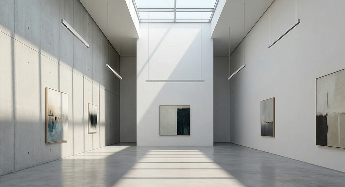 Hohe Ausstellungshalle mit Sichtbeton und Oberlicht