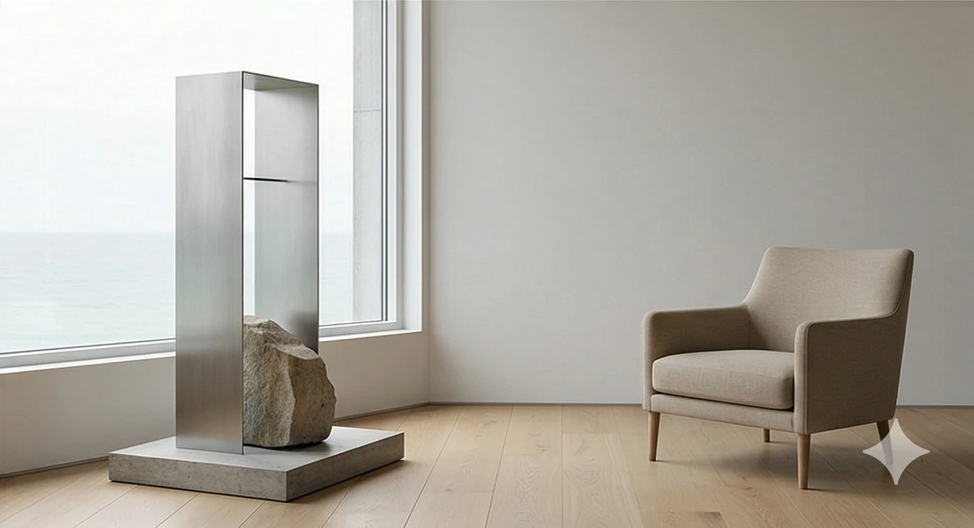 Skulpturendetail vor Panoramafenster zur Nordsee